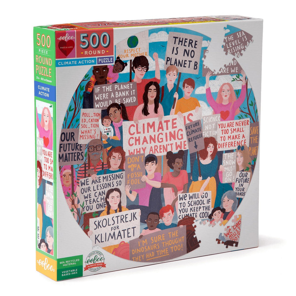The colourful square box has an image of the completed circular puzzle of a climate change protest featuring people of different backgrounds and ages holding signs such as 'climate is changing why aren't we?'. 