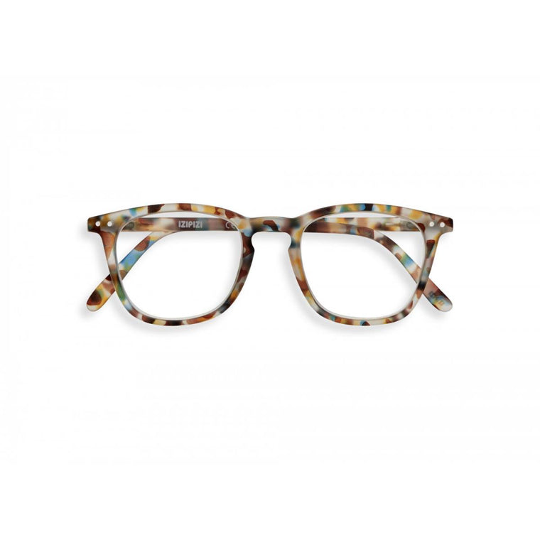 A pair of magnifying reading glasses. The frames are a large, structured, trapezium shape in a mottled blue tortoise shell finish.