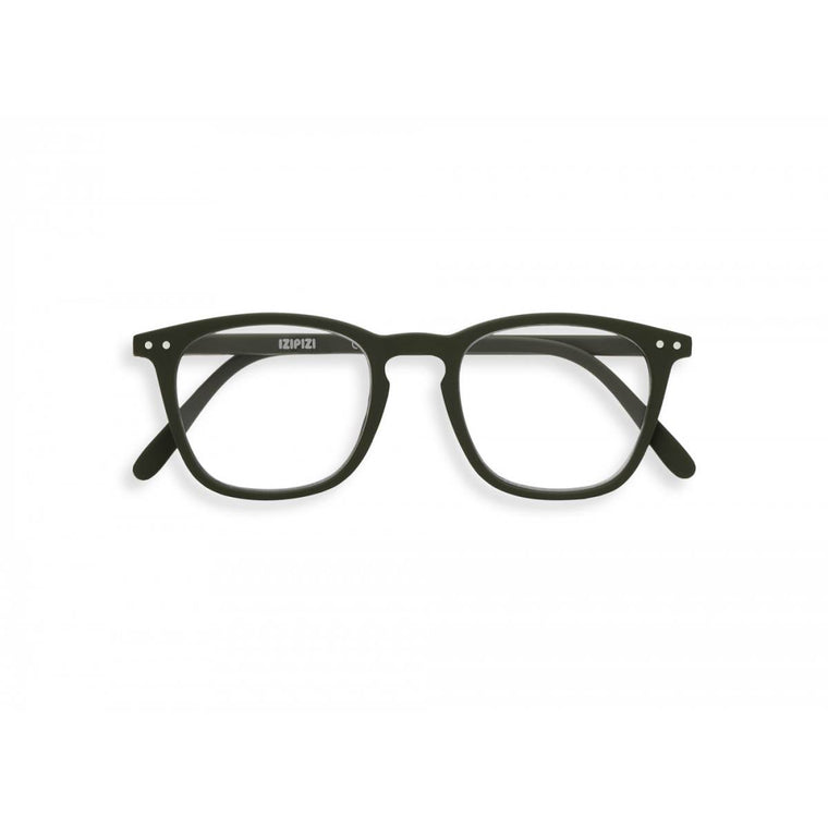 A khaki green pair of magnifying reading glasses. The frames are a large, structured, trapezium shape.