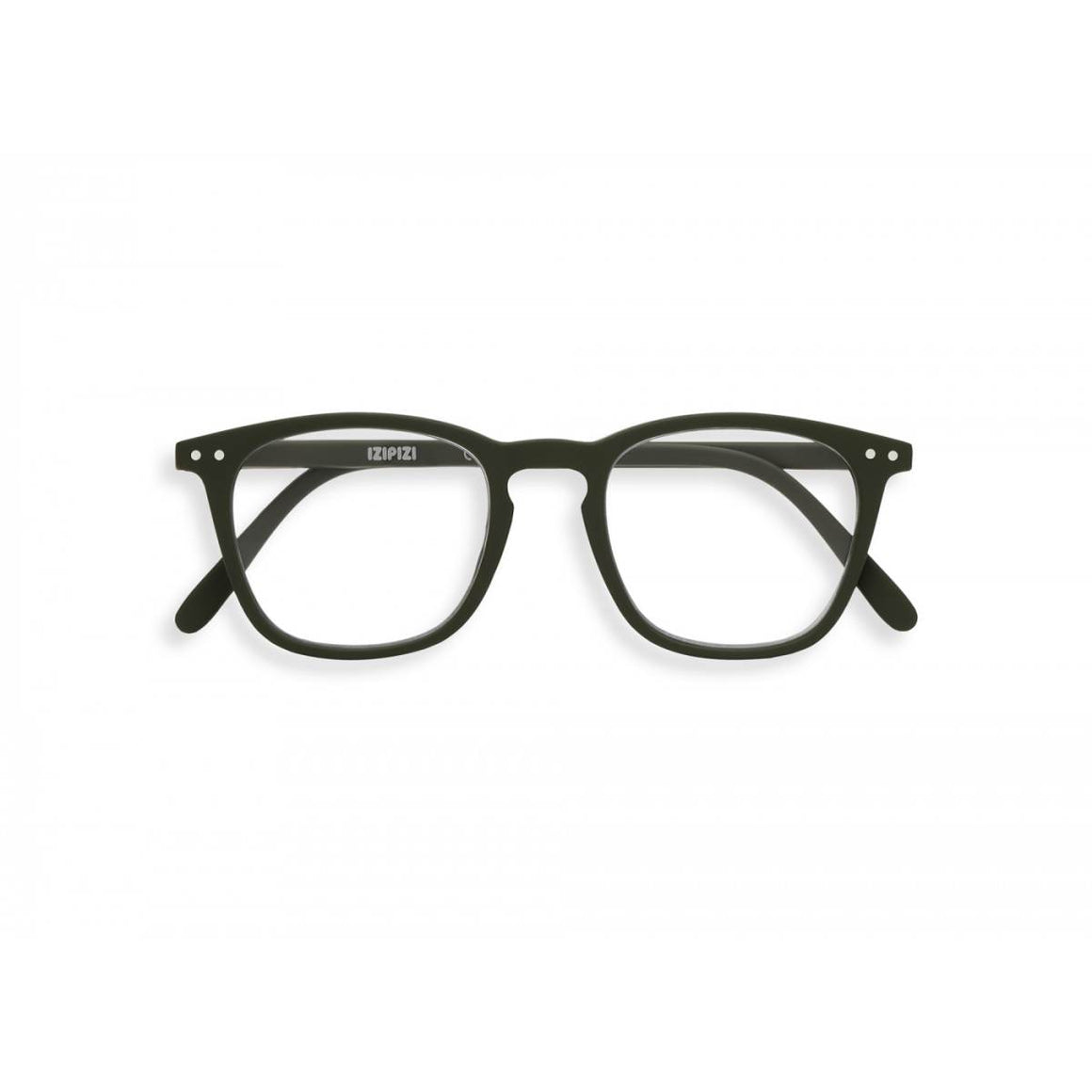 A khaki green pair of magnifying reading glasses. The frames are a large, structured, trapezium shape.