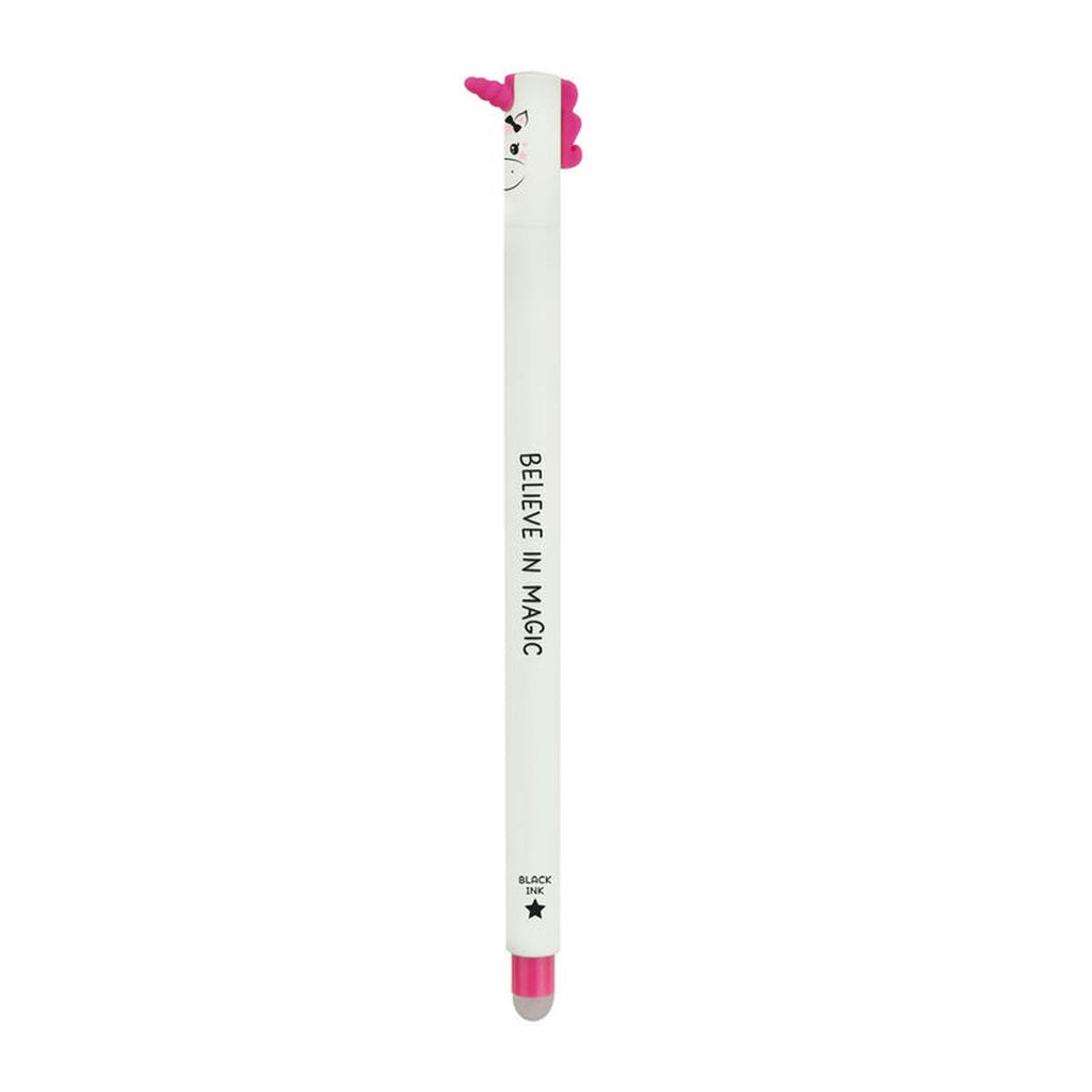 A white slender pen with a round translucent rubber end and a unicorn face and pink horn on the tip of the cap. 