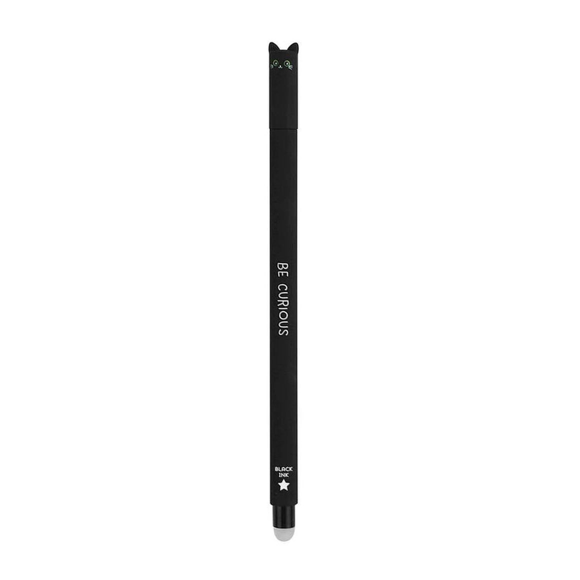 A black slender pen has a round translucent rubber end and a cat face and ears on the tip of the cap.