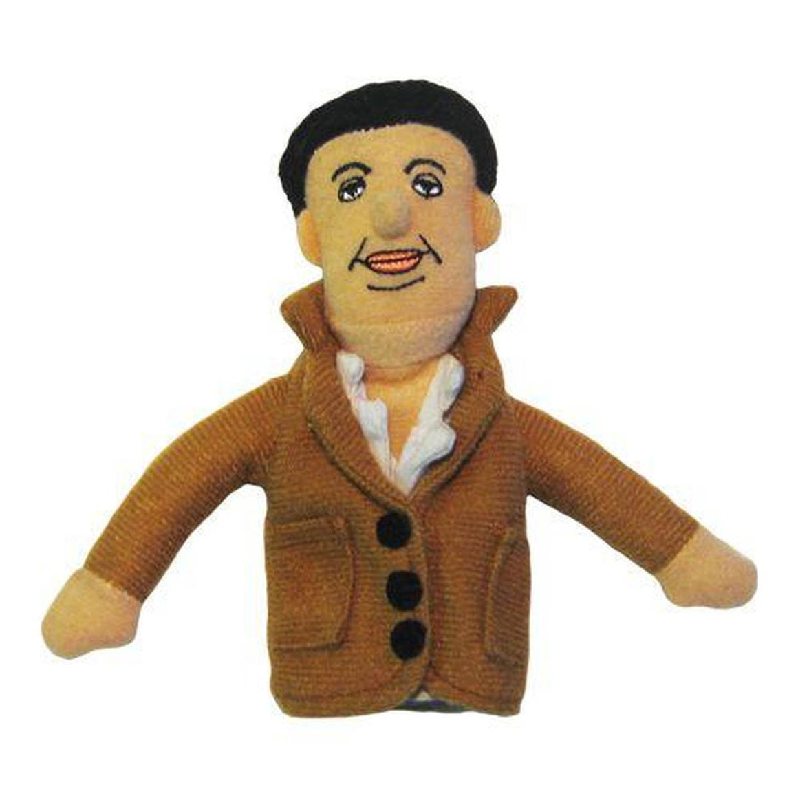 A soft fabric Diego Rivera finger puppet wearing white Shirt and Tan over coat