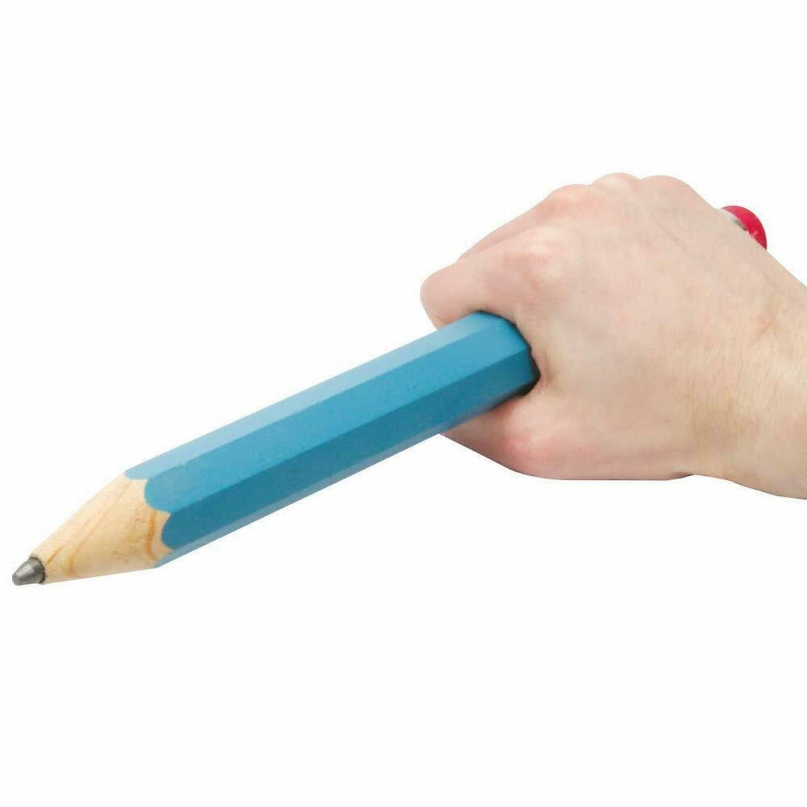 A hand holding a novelty jumbo oversized lead pencil. The colour of the pencil wrapping is blue.