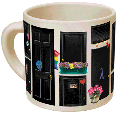 A white tone ceramic mug featuring a collage of famous Gay personailties from History, obscured behind door. When hot water is poured into the mug the doors dissapear, revealing the famous faces behind them.