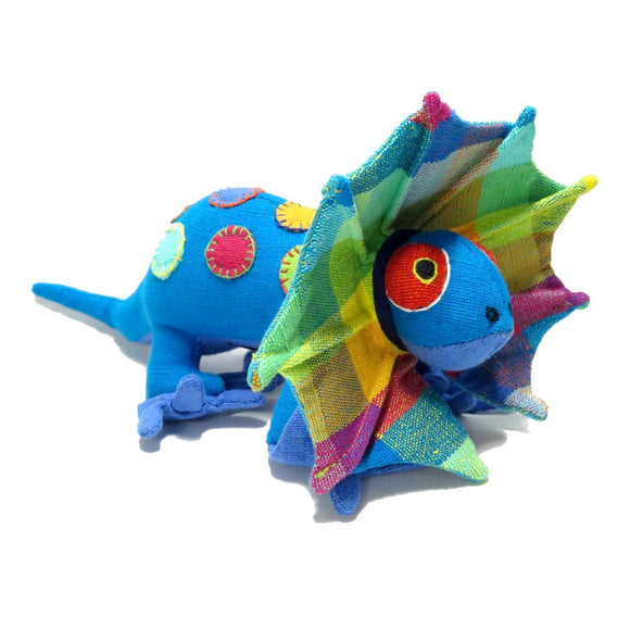 a group of three brightly coloured frill neck lizard soft toys.