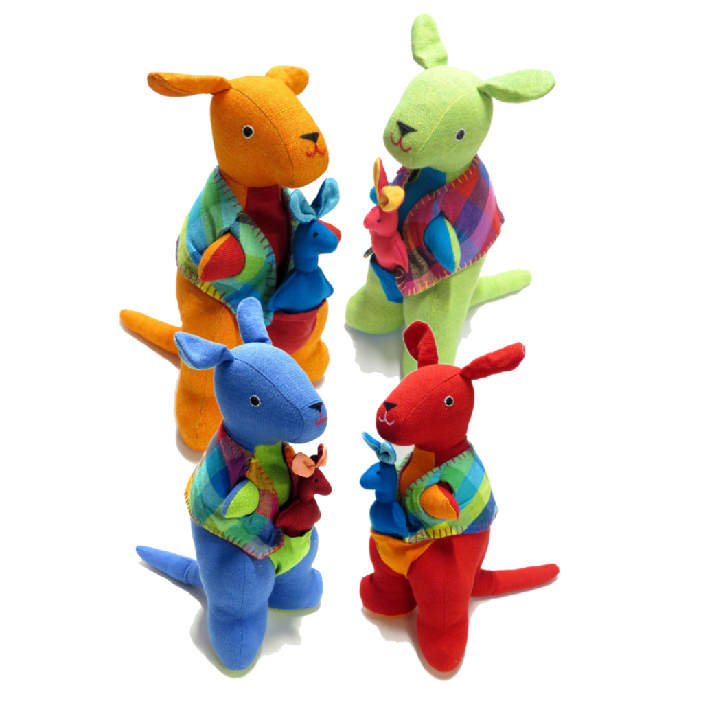 a group of four brightly coloured kangaroo with joey soft toys.