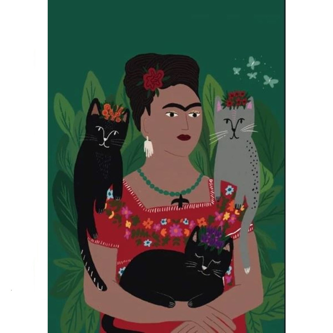 Image of a card print in the center which includes a graphic portrait of frida kahlo who is surrounded by cats and leaves 