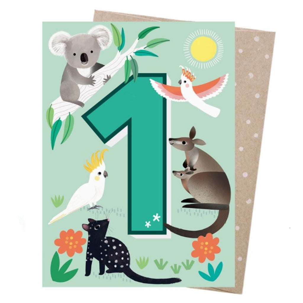 Image featuring a greeting card in the center which features a green background which includes a large number one in the centre and koala, galah, cockatoo, kangaroo and quoll