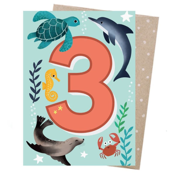 Image featuring a greeting card in the centre which features a blue background, an orange 3 in the centre which is surrounded by sea creatures such as a dolphin, turtle, seahorse, crab and seal