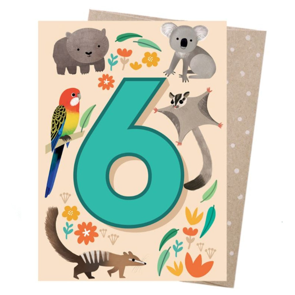 A light apricot greeting card has a teal '6' in the centre surrounded by Australian animals such as a wombat, rosella, koala, sugar glider and numbat. 