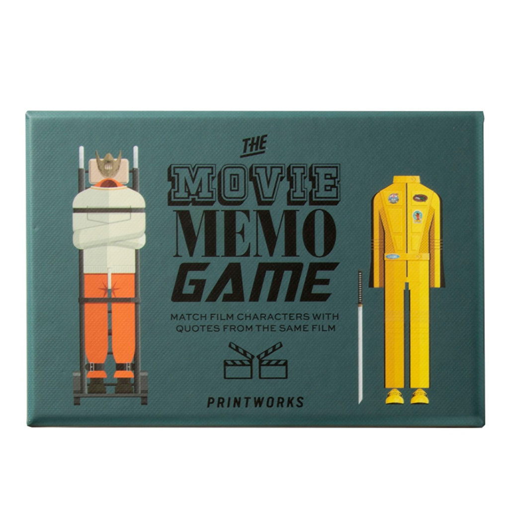 Image featuring a dark green box packaging with a graphic illustration of Dr. Hannibal Lecter costume on the right and then on the left  the Bride (Kill Bill) - with the words: The Movie Memo Game: Match film characters with Quotes from the same film (in the center of the box)