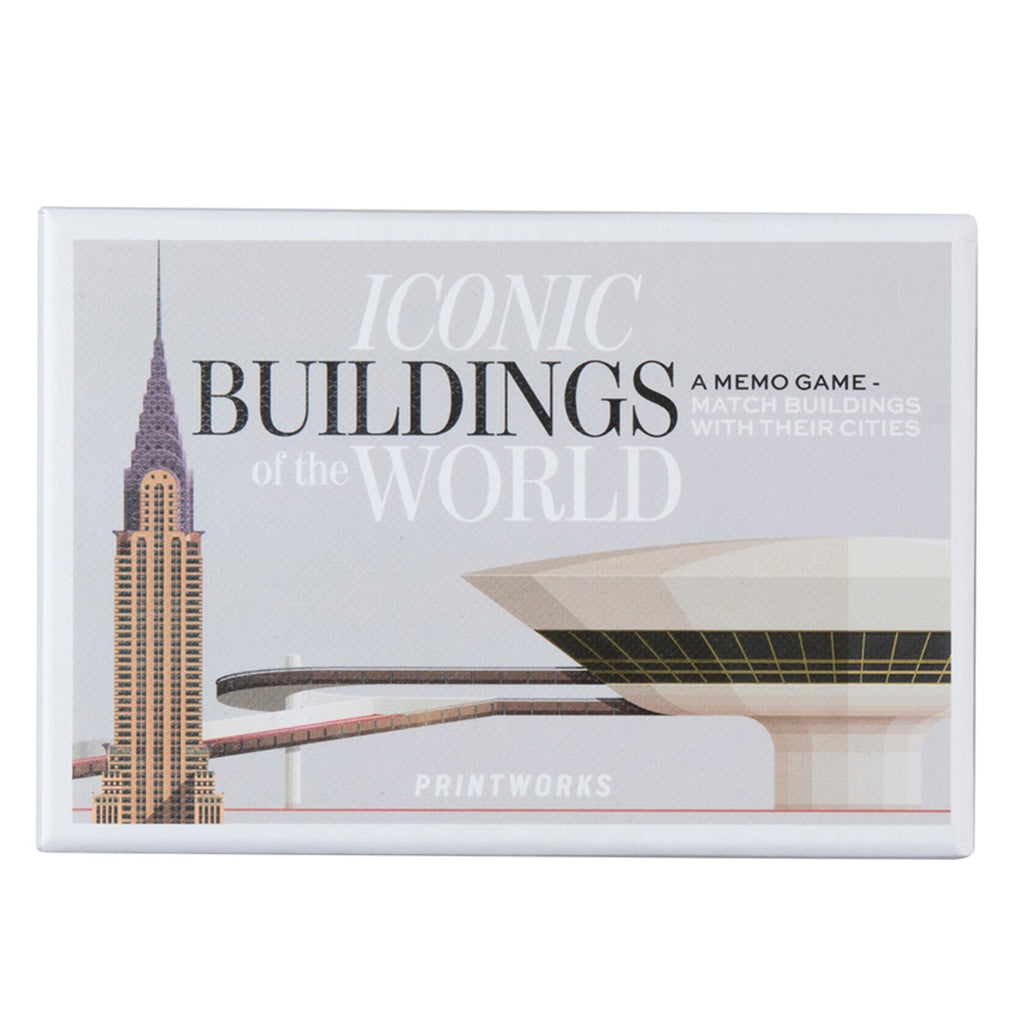 Image featuring a grey box packaging which includes a graphic illustration of famous buildings, with the words Iconic Buildings of the World: A Memo Game - Match buildings with their cities (on the front)