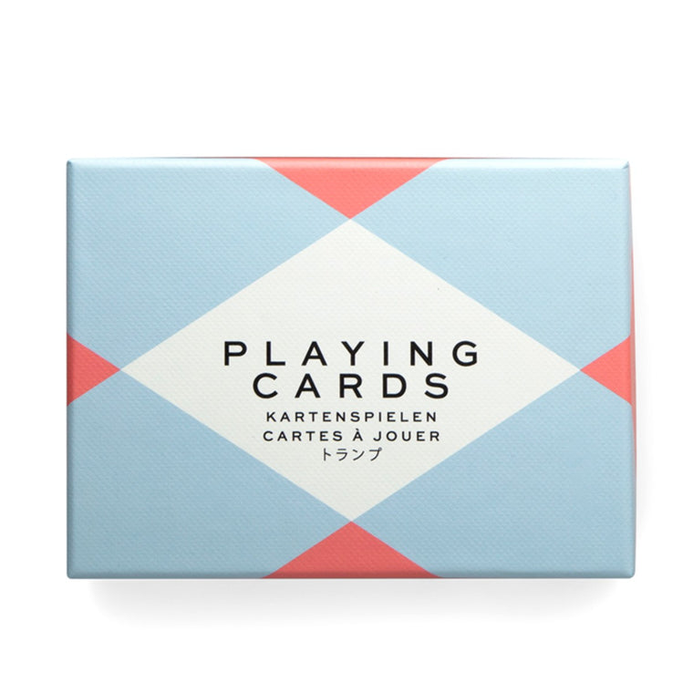 Image featuring a packaging box in a coral, blue and white diamond checker pattern with the words Playing Cards (in the center diamond)