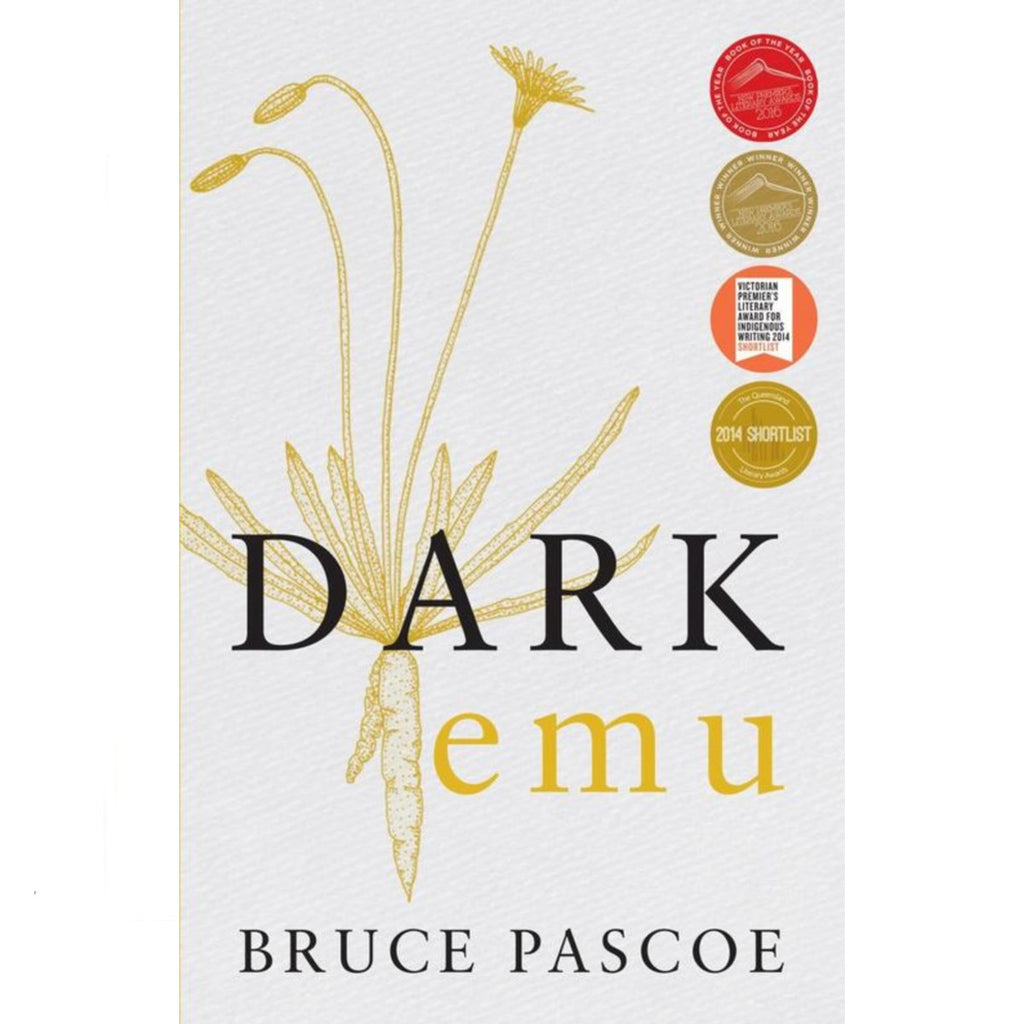 Image of a book cover with a white background and an yellow illustration of a bush plant and its roots, with the words dark emu on top of the illustration