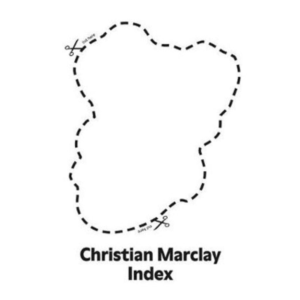 Image featuring a book cover in the center with a white background and a cut out line shape in the center - with black text saying Christian Marclay: Index 