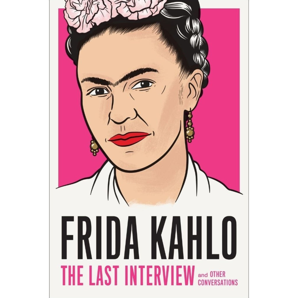 image featuring a book cover with a pink and white background with a graphic illustration of the mexican artist Frida Kahlo