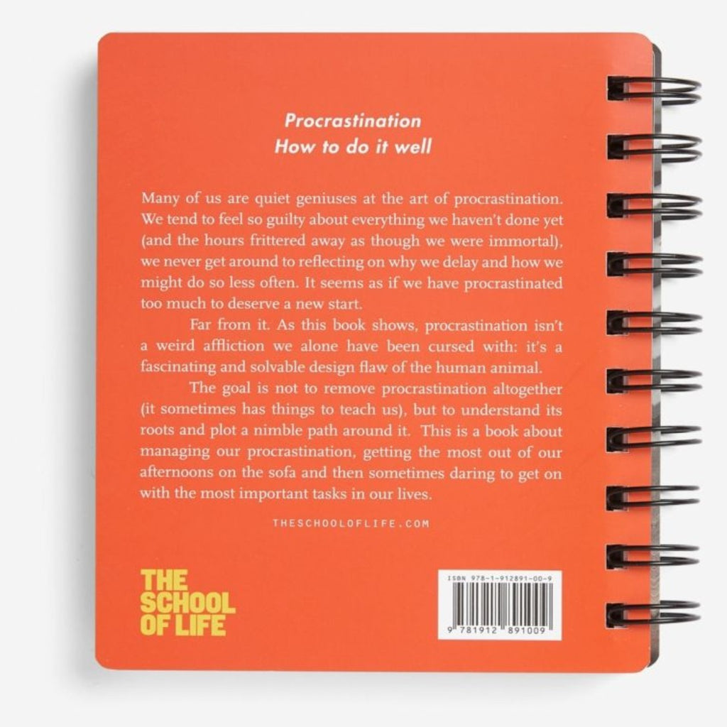 Image of the back cover of a spiral bound book. White text, the blurb, on an orange background.