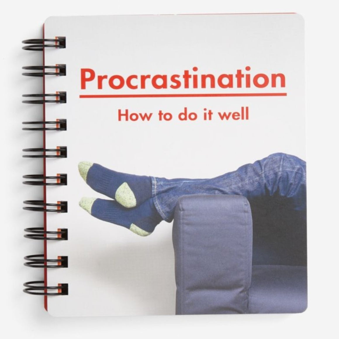 Image of a book cover featuring a white background with a pair of feet hanging over a couch with red text above it saying Procrastination: How to do it well