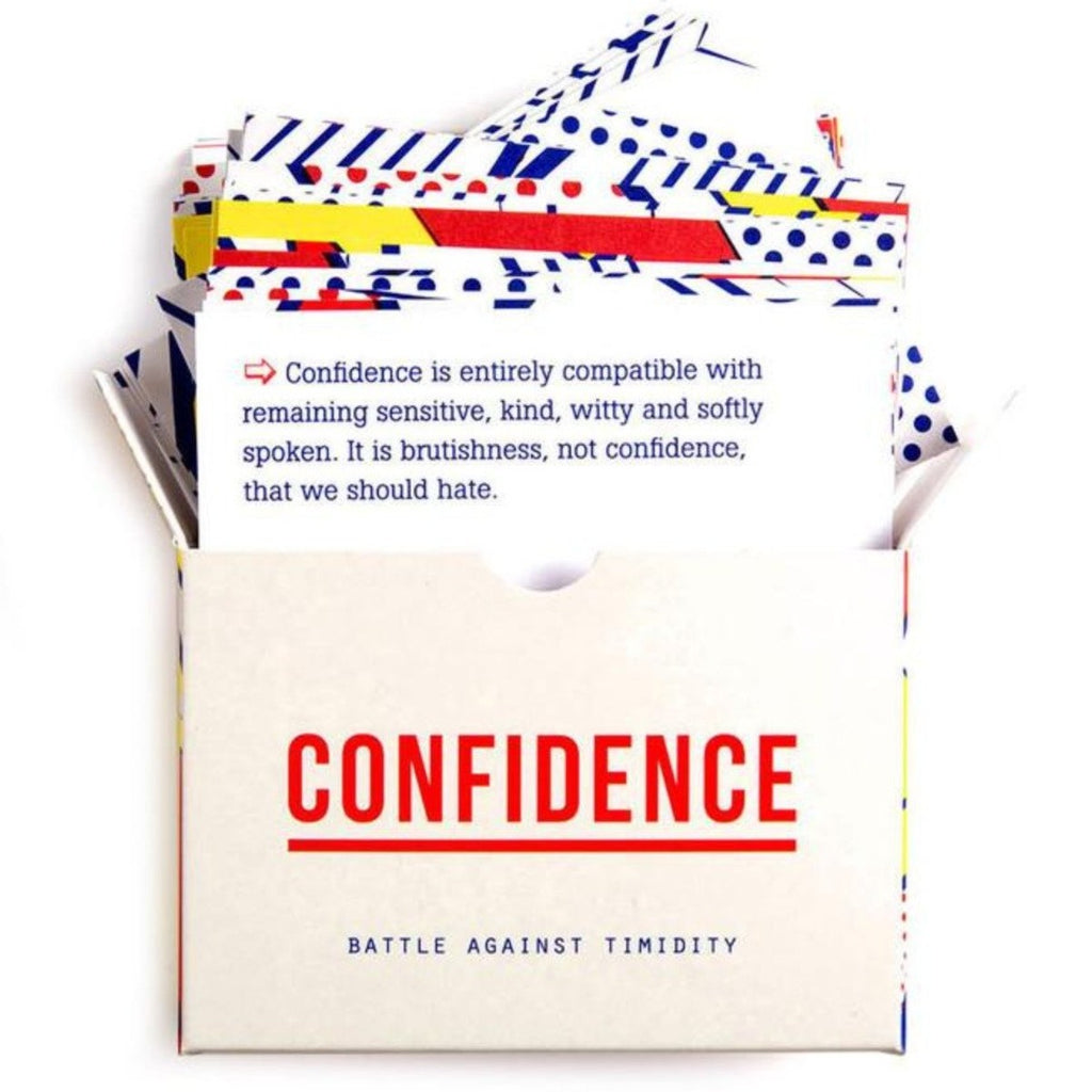Coming out of the white rectangular box with 'confidence' in the centre are assorted cards with different geometric designs. 