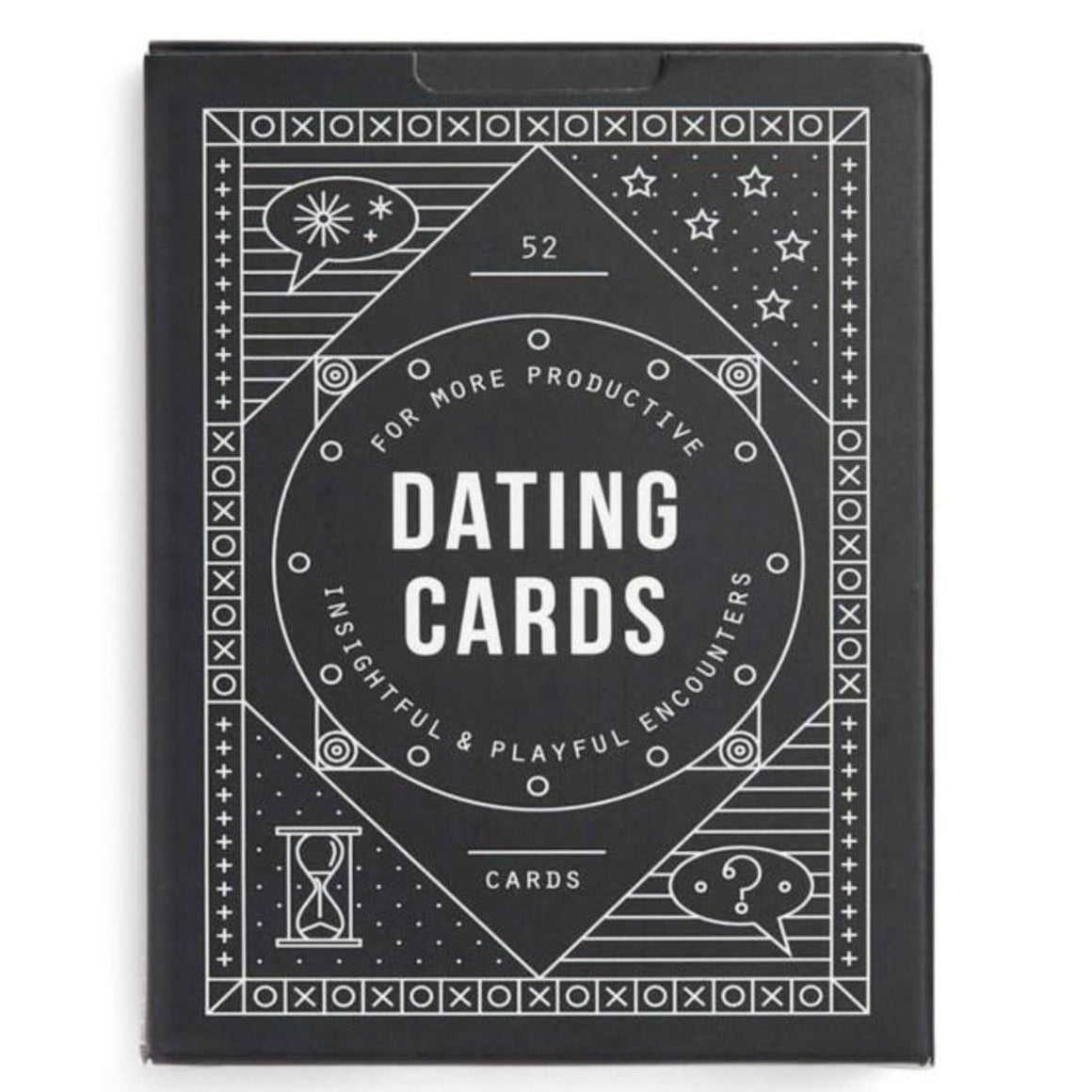 Image featuring the products packaging in the middle on the front of the packaging is the white text stating the words - Dating Cards: For more productive insightful & playful encounters