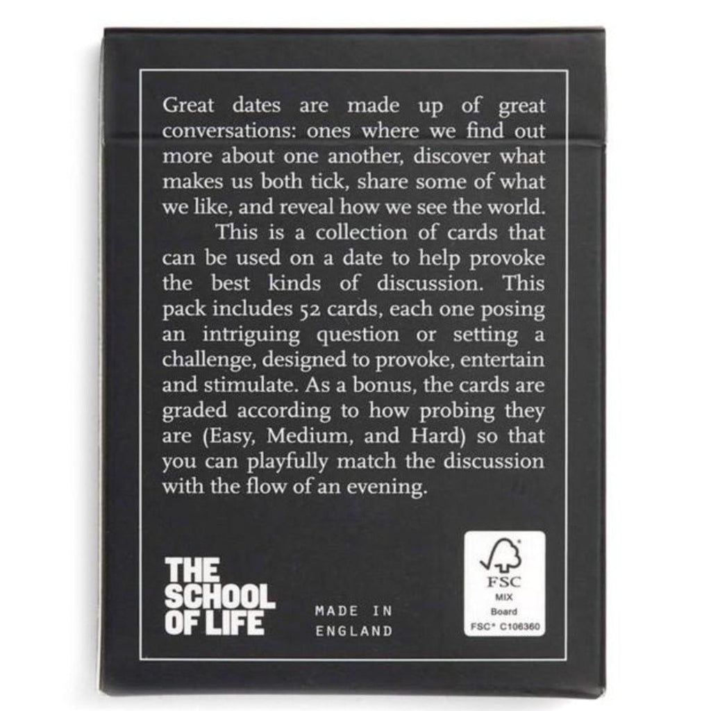The back of the rectangular black packaging box is the 'Dating cards' blurb in white text. 