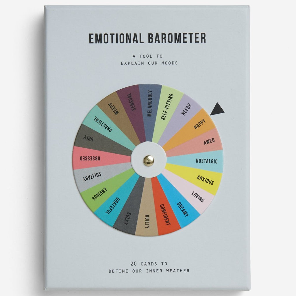 Image featuring a grey box in the center which includes a wheel with a variety of colours on it as well as various words such as Practical, ugly, envious - box also features the text saying: Emotional Barometer: A tool to explain our moods, 20 cards to define our inner weather