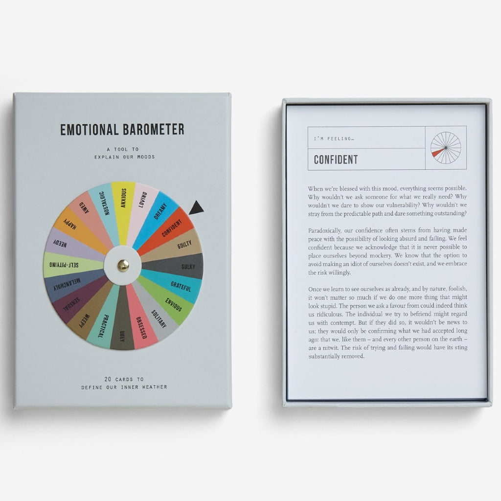 Laid flat on the white surface is the top case with "emotional barometer" capitalised in black font on the top and a spinning wheel with assorted colours for each emotion. To the right is the interior of the packaging showing the white cards with an emotion and its explanation.  