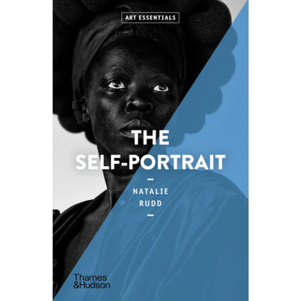 Image featuring a portrait photograph by Zanele Muholi which includes a transparent blue triangle on the right hand side with the words The self-portrait: Natalie Rudd 