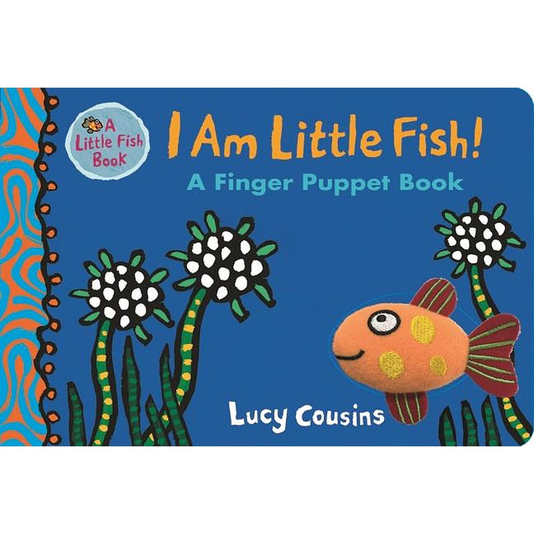 a childrens book cover featuring an underwater illustration of a fish in floral like reeds. The fish is a small plush toy attached to the front of the book.