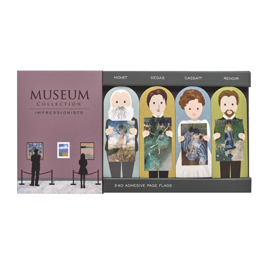 Image featuring the product in the centre, this product features a graphically designed museum setting with two individual silhouettes with images on the walls and on the right hand side features the adhesive page flags which includes four impressionists artists (monet, degas, cassatt and renoir) in a illustrated style