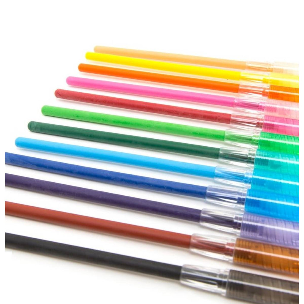 Twisted all the way out from their coloured pen barrel are twelve slim crayons in the corresponding colours.