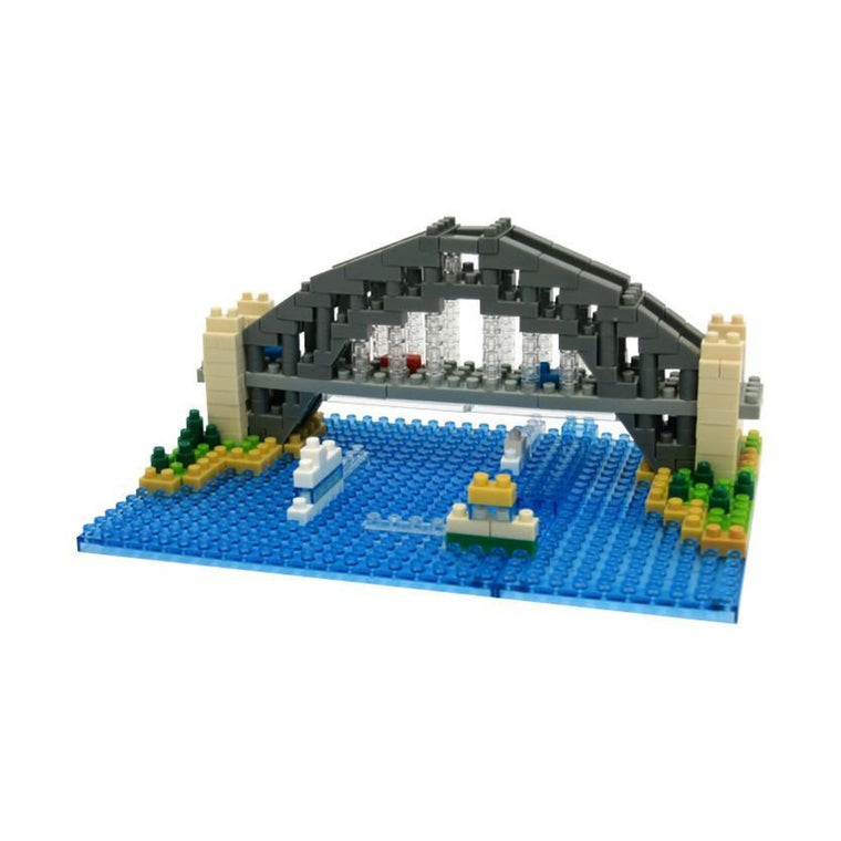 Micro-sized building blocks to replicate intricate detail of the Sydney Harbour Bridge featuring the colours grey, white, dark grey, blue and green
