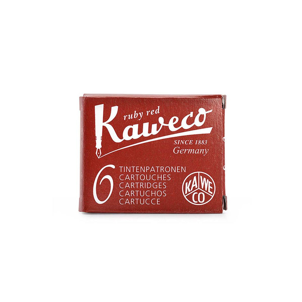 A ruby red rectangular box with white text stating 'ruby red' above the large 'Kaweco' logo and '6' in a large font on the bottom left corner. 