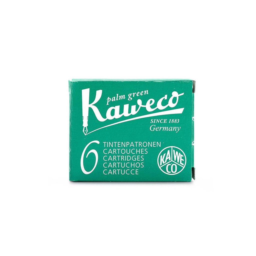 A jade green rectangular box with white text stating 'palm green' above the large 'Kaweco' logo and '6' in a large font on the bottom left corner. 