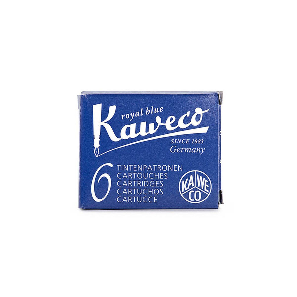 A ultramarine blue rectangular box with white text stating 'royal blue' above the large 'Kaweco' logo and '6' in a large font on the bottom left corner. 