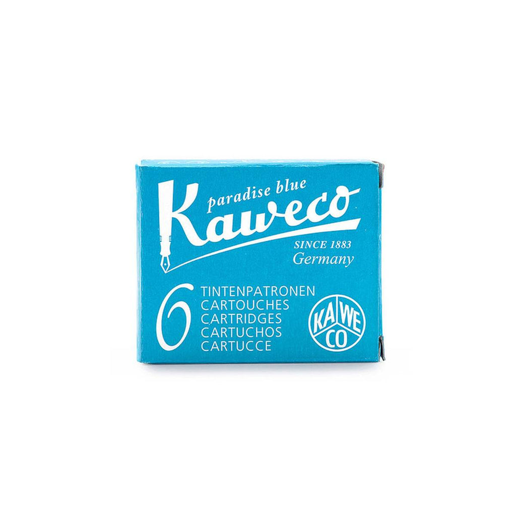 A cerulean blue rectangular box with white text stating 'paradise blue' above the large 'Kaweco' logo and '6' in a large font on the bottom left corner. 