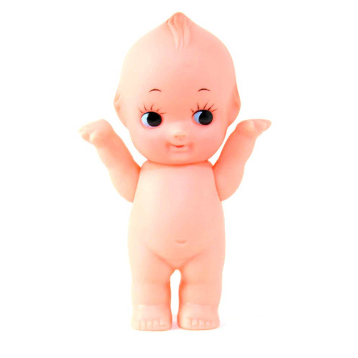 A vintage style Kewpie doll, shown standing with arms upraised. The doll is nude, cherub- like and features large eyes with distinct eyelashes.
