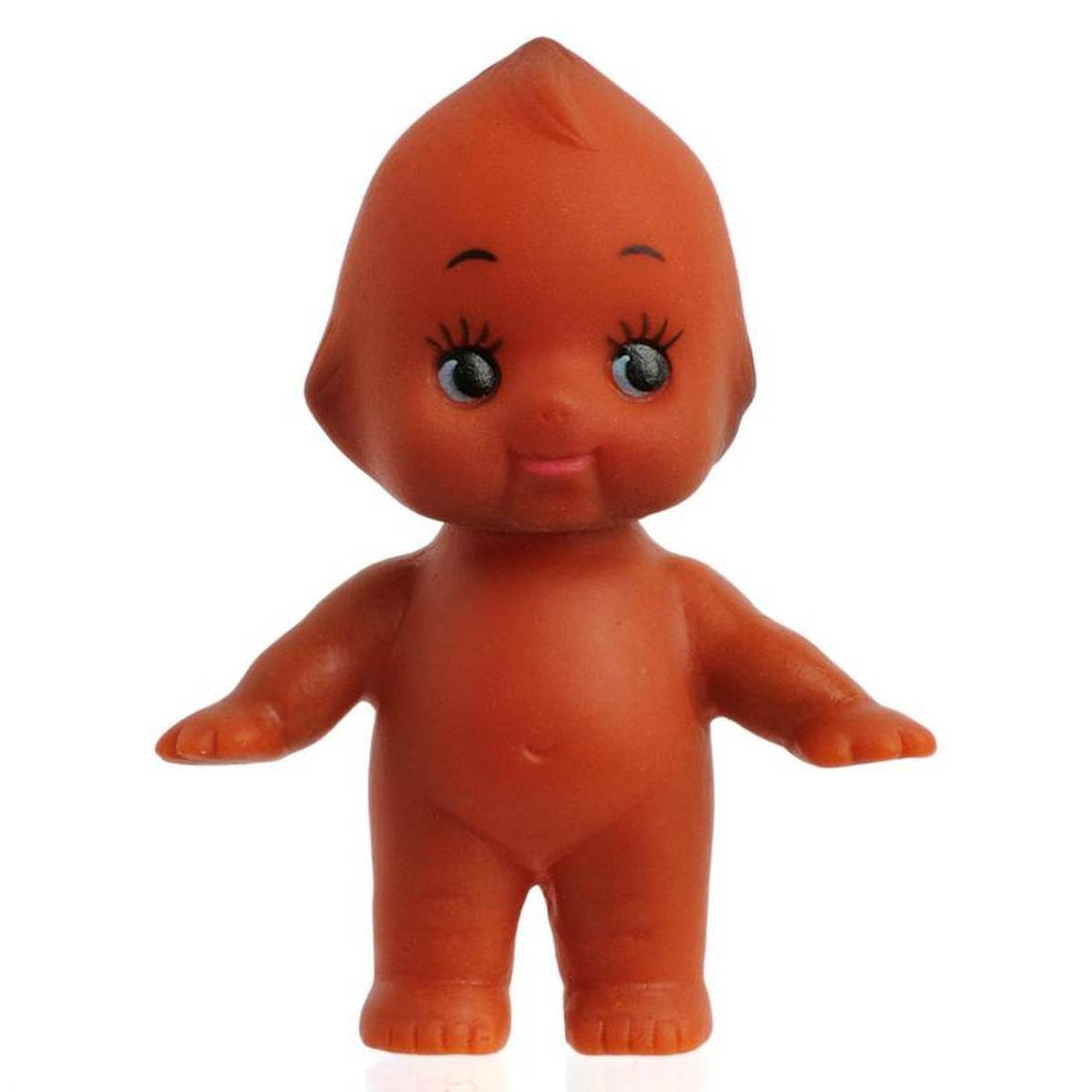 A vintage style Kewpie doll, shown standing with arms upraised. The doll has a brown skin tone, is nude, cherub- like and features large eyes with distinct eyelashes.