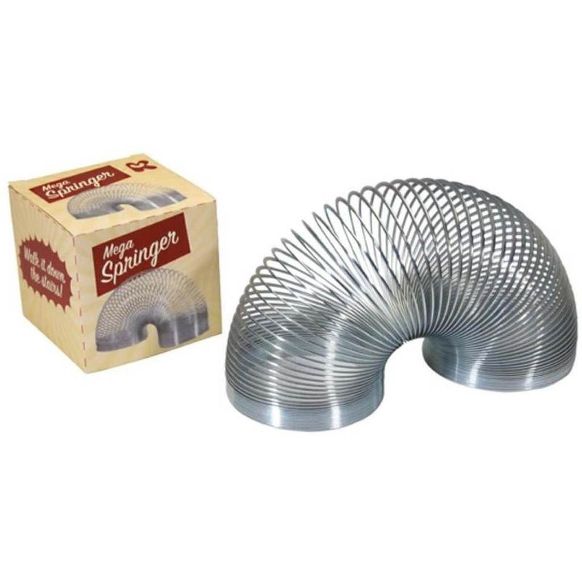 A classic Slinky Style spring toy shown next to its box. The box features the text "Mega Springer"