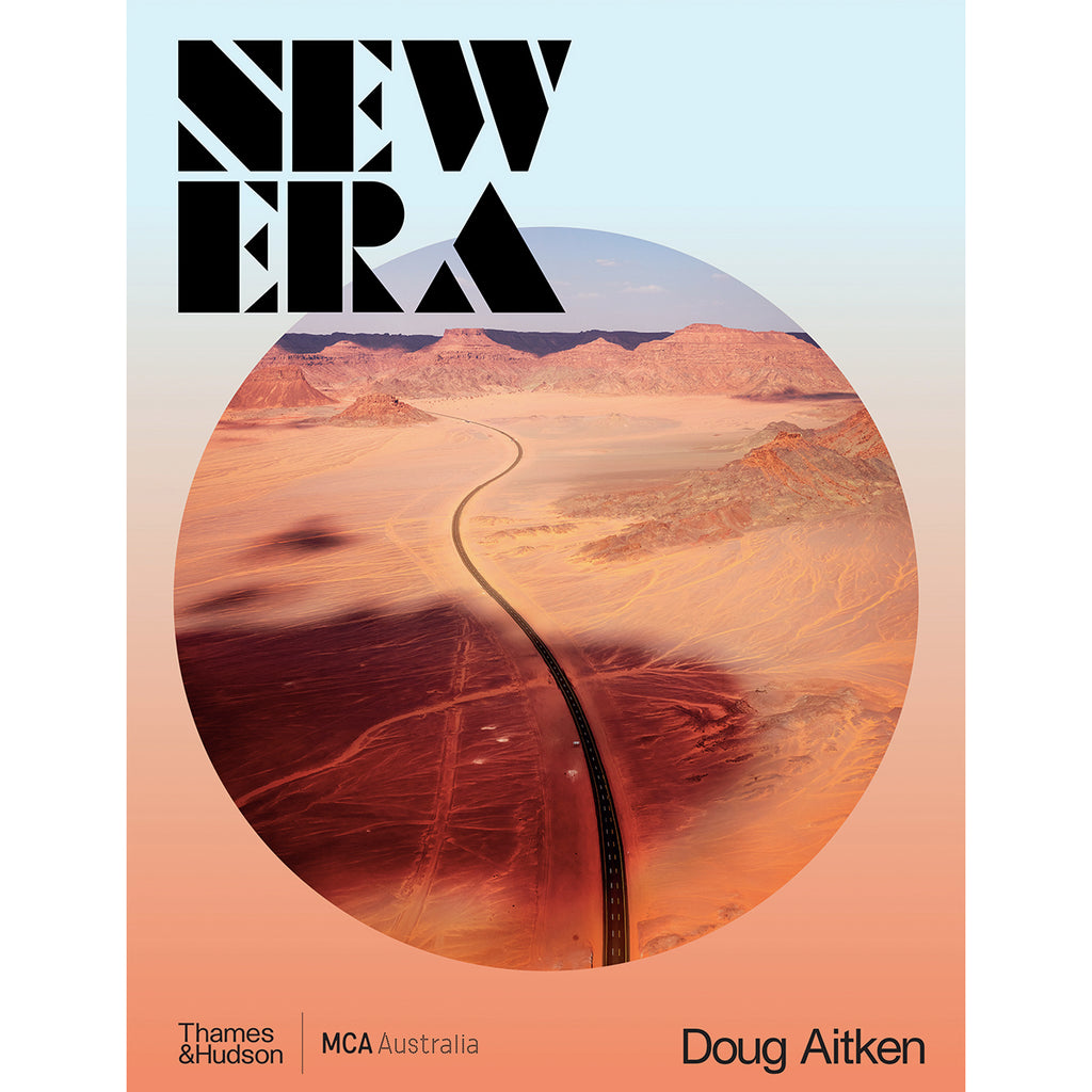 The title, 'New Era', is capitalised in a black block font on the top left corner overlapping the centre circle that contains a photograph of a road cutting through a desert plain. The book cover's background is a gradient of blue to orange, matching the photograph.  