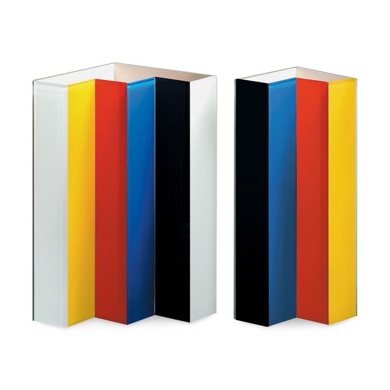 Image featuring the line up vase in it's two separate parts which both feature the colours black, blue, red, yellow and white