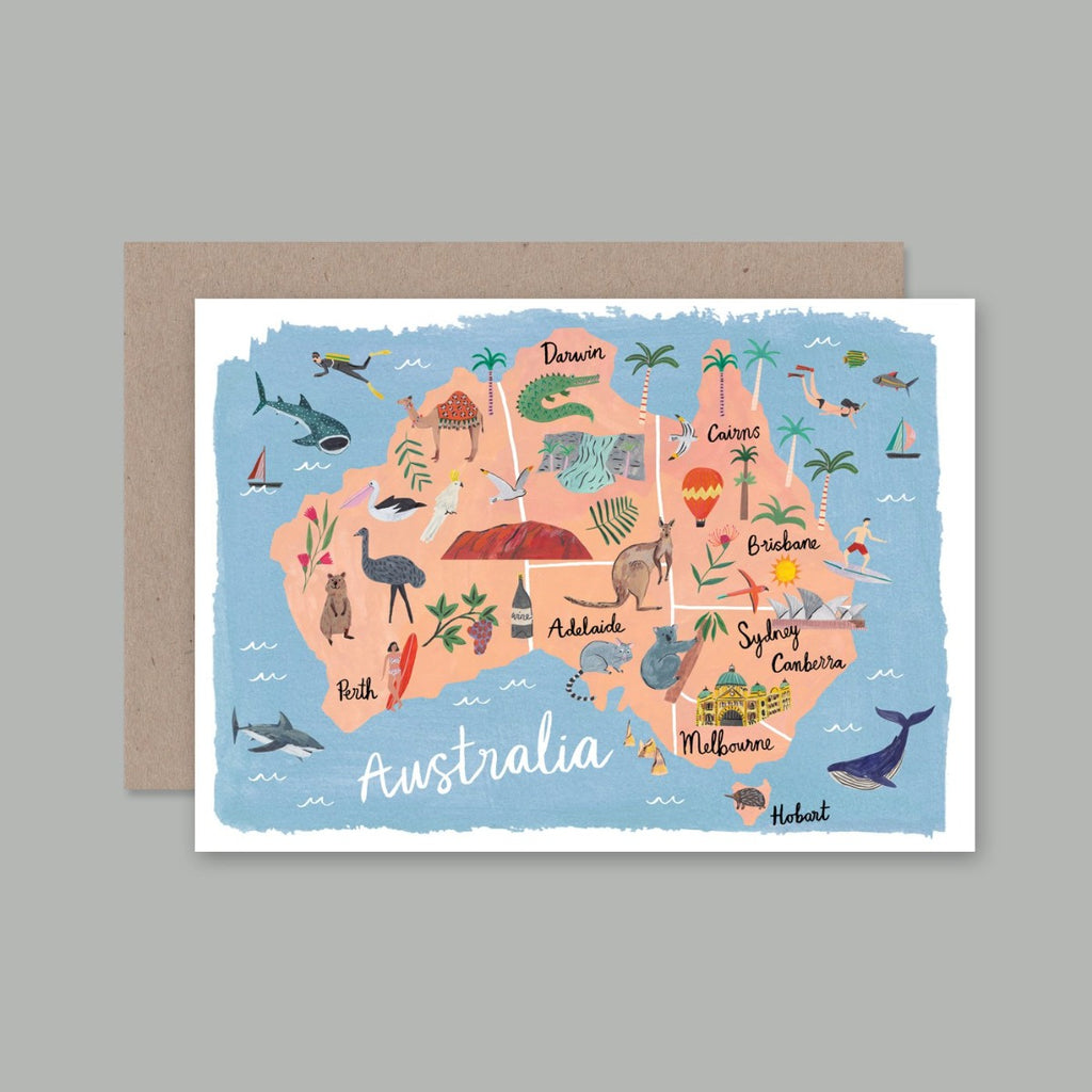 A6 Greeting card featuring a illustration of Australia, including various cities and icons on it such as the sydney opera house, federation square station, australian animals such as a kangaroo, quoka, emu and koala