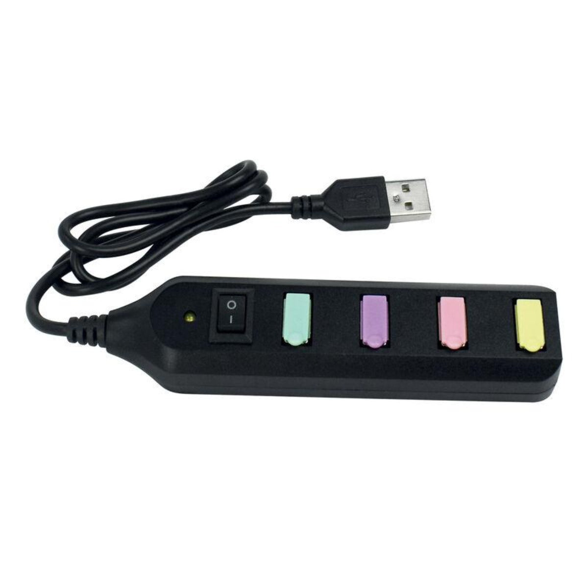 Image featuring a black USB Hub which includes a USB chord and four different coloured (green, purple, pink and yellow) usb port covers