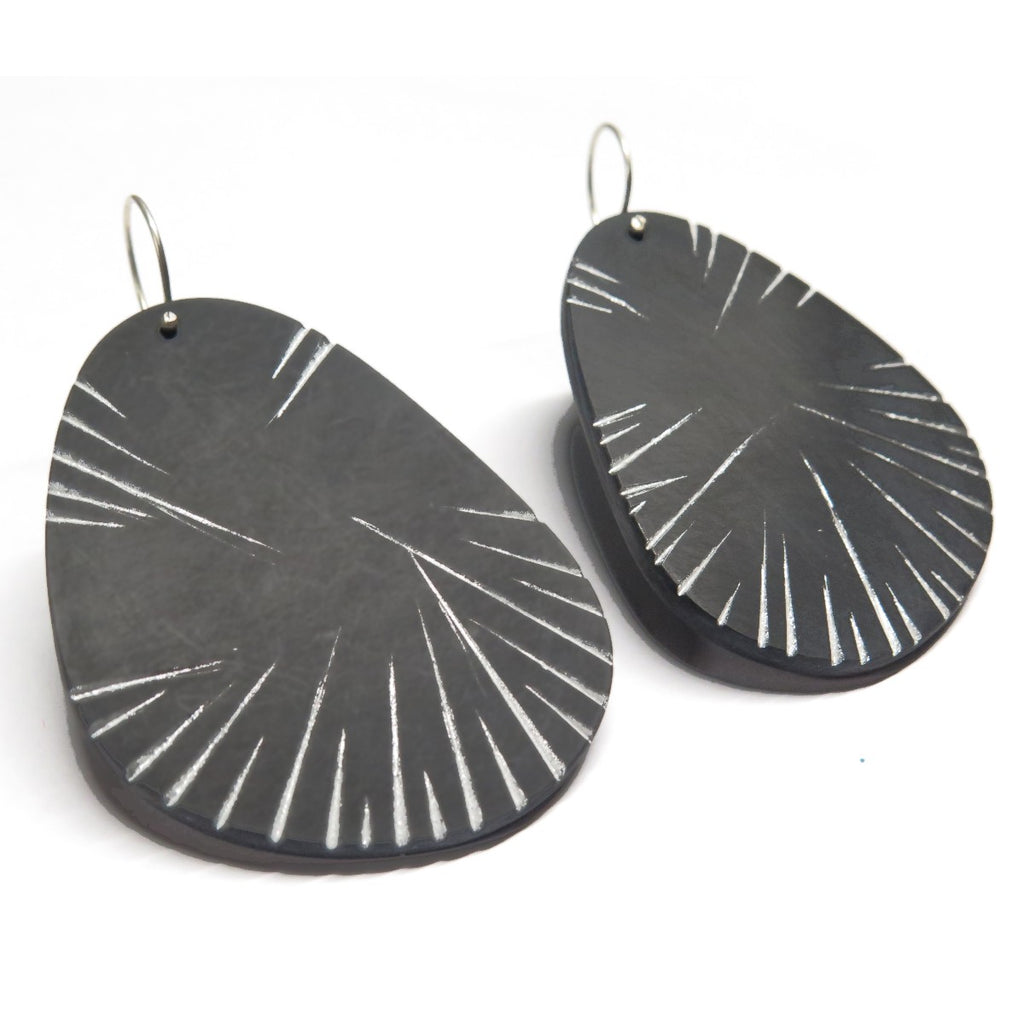 Earrings | From Scratch | Recycled Acrylic | Silver on Black | Made by Melinda Young