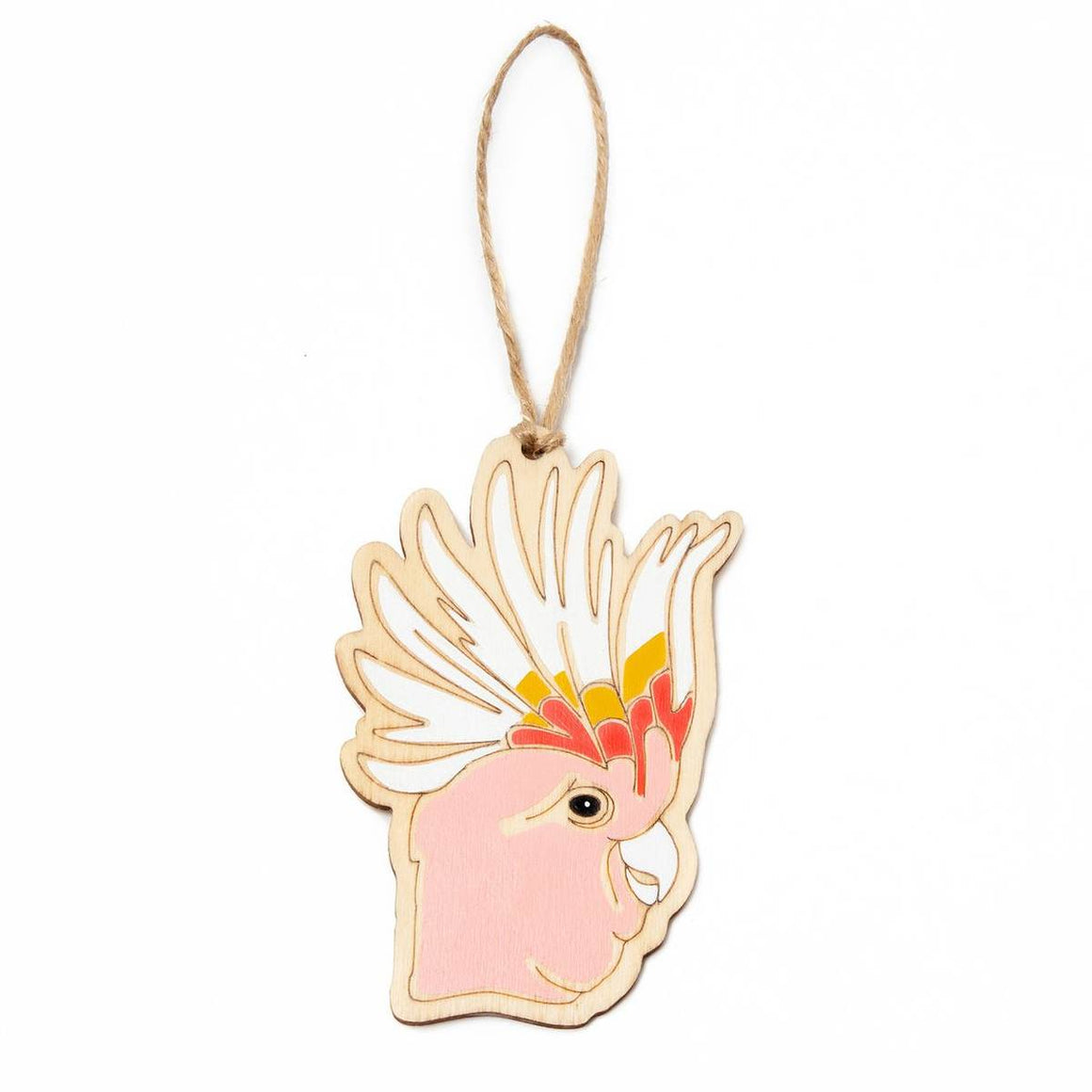 A hanging ornament in the form of a Major Mitchell Cockatoo. Laser Etched flat wood is adorned with pinkl, red, orange, white and black hand painting. A Jute string is attached