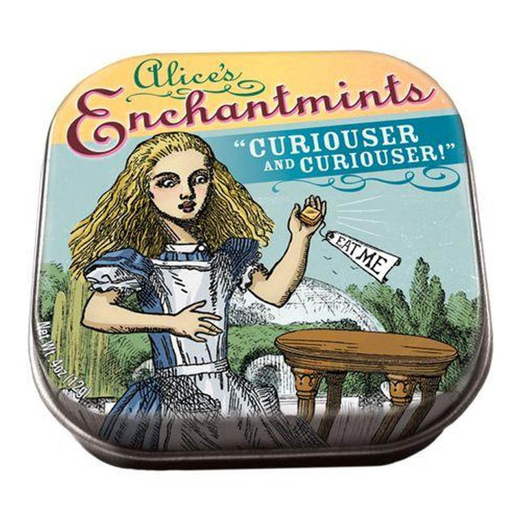 A small tin of mints printed with an image from Alice in Wonderland.