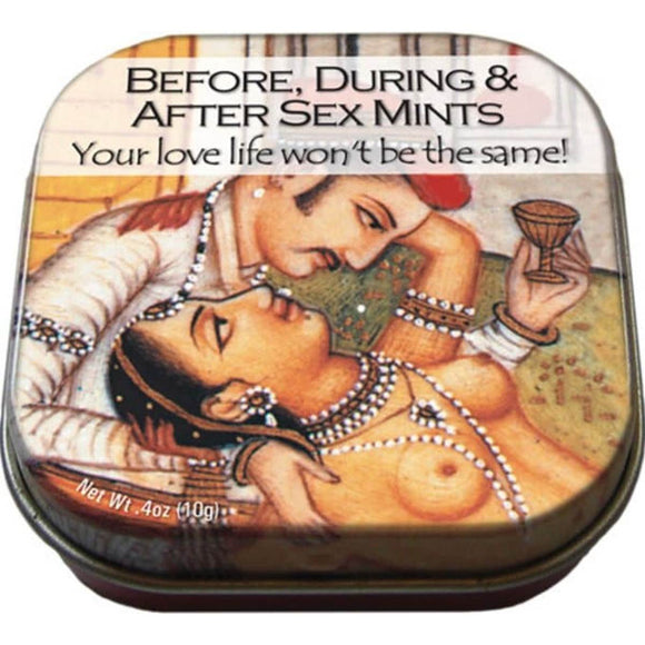A small tin of mints printed with an image from the Kama Sutra of a man and woman embracing