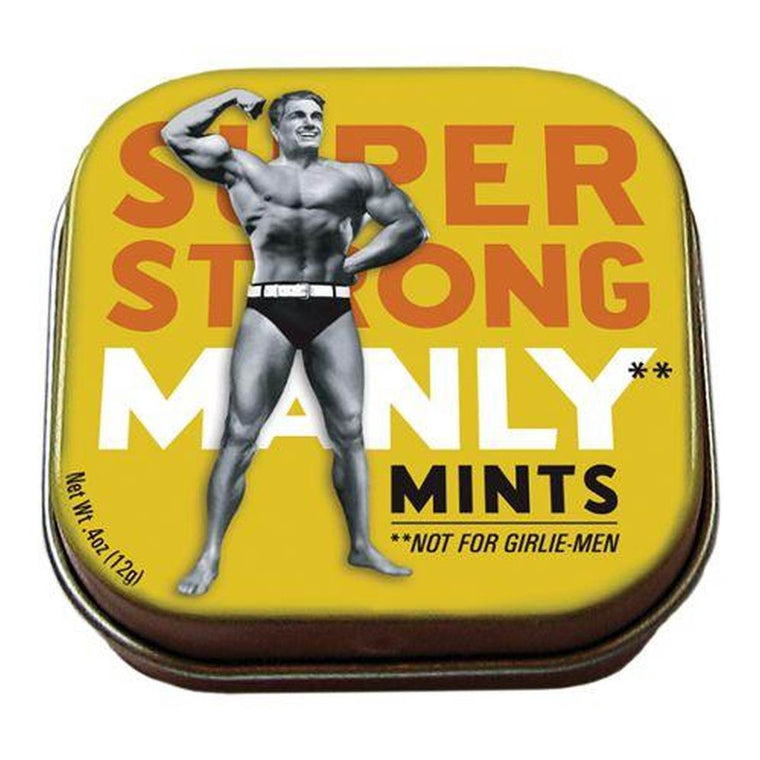 A small tin of mints printed with a vintage photograph of a strong man in traditional costume.