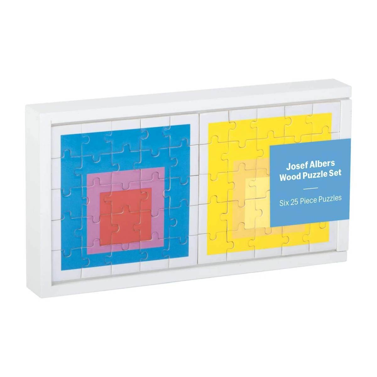 A boxed set of six wooden 25 piece puzzle bearing bright block colour artwork by Josef Albers.